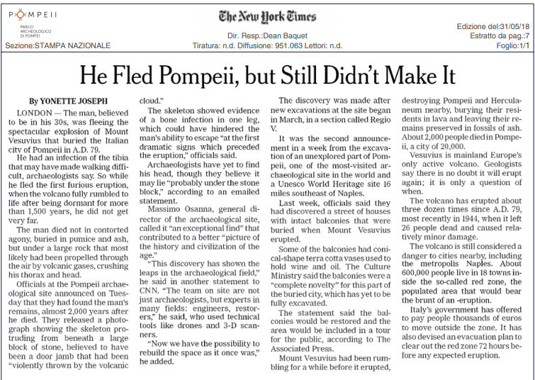 New York Times “He Fled Pompeii, but Still Didn’t Make It” (31.05.2018) Pompeii Sites